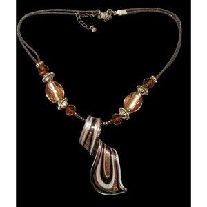 Whimsical Brown And Gold Hand Blown Glass Pendant Necklace